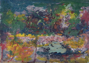 Werkverzeichnis Nr. 1780, um 1997, Wiese mit Bäumen, Öl auf Karton, 38,5 x 52,5 cm