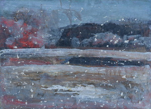 Werkverzeichnis Nr. 1786, um 1997, Weiher mit Bäumen, teilweise weiß übermalt,  Acryl, Öl auf Karton, 38,5 x 53,0 cm