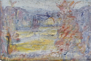 Werkverzeichnis Nr. 1783, um 1997, Innere Landscahft, Wiese mit Bäumen, Acryl, Öl auf Karton, 39,5 x 57,6 cm