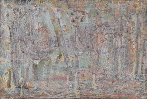 Werkverzeichnis Nr. 1791, um 1997, Bäume im Wald, weiß übermalt, Acryl, Öl auf Karton, 39,5 x 58,4 cm