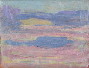 Werkverzeichnis Nr. 1766, um 1997, Voralpensee, mit weißem Schleier übermalt, Acryl, Öl auf Karton, 40,0 x 50,0 cm