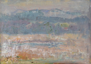 Werkverzeichnis Nr. 1776, um 1997, Landschaft mit Weiher und Bergen, weiß übermalt, Öl auf Karton, 40,0 x 56,6 cm