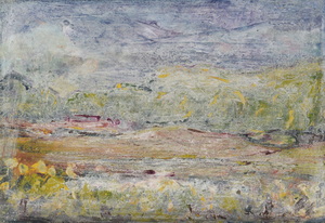 Werkverzeichnis Nr. 1770, um 1997, Hügelige Landschaft, weiß übermalt, Öl auf Karton, 40,0 x 58,5 cm