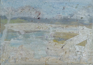 Werkverzeichnis Nr. 1771, um 1997, Landschaft mit Weiher, teilweise weiß übermalt, Öl auf Karton, 40,1 x 56,6 cm