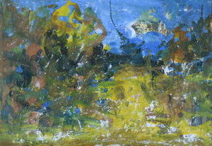 Werkverzeichnis Nr. 1779, um 1997, Landschaft mit Bäumen und einer Wiese, Öl auf Karton, 40,1 x 56,7 cm