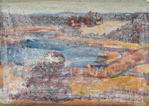 Werkverzeichnis Nr. 1765, um 1997, Voralpensee, mit weißem Schleier übermalt, Acryl, Öl auf Karton, 41,2 x 57,4 cm