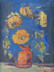 Werkverzeichnis Nr. 1794, um 1997, Sonnenblumen, teilweise blau übermalt, Öl auf Karton, 49,4 x 37,8 cm