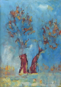 Werkverzeichnis Nr. 1793, um 1997, Zwei Bäume, teilweise blau übermalt, Öl auf Karton, 53,0 x 38,7 cm