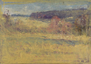 Werkverzeichnis Nr. 1769, um 1997, Landschaft mit Weiher und Bäumen, teilweise Ocker übermalt, Öl auf Karton, 57,0 x 80,0 cm