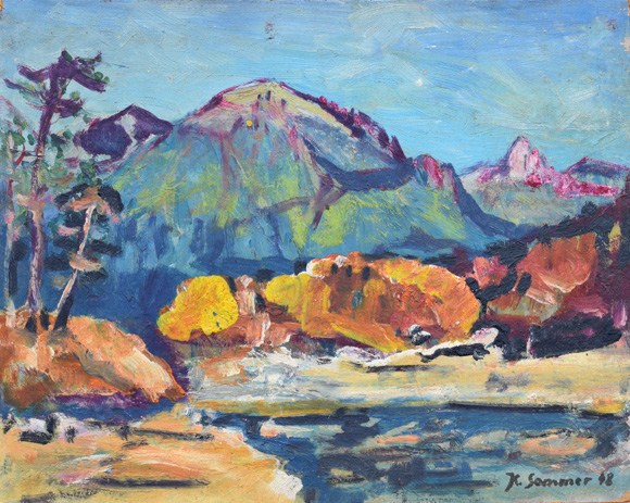 Blick vom Riederecksee auf Risserkogel und Plankenstein, 1948 und später, Öl auf Hartfaser 45,5 x 54,5 cm