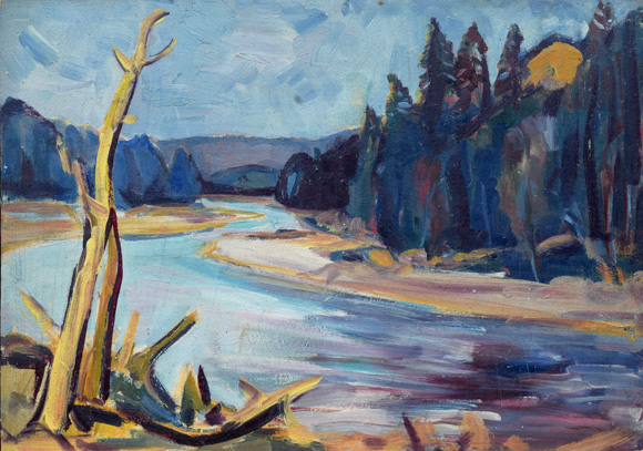 Konrad Sommer: Isar, um 1954, Öl auf Karton, 43,3 x 61,2 cm