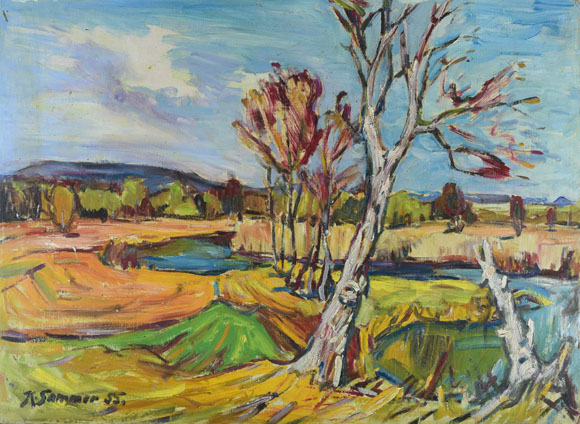 Bäume an einem Bach, 1955, Öl auf Karton, 54,0 x 74,8 cm