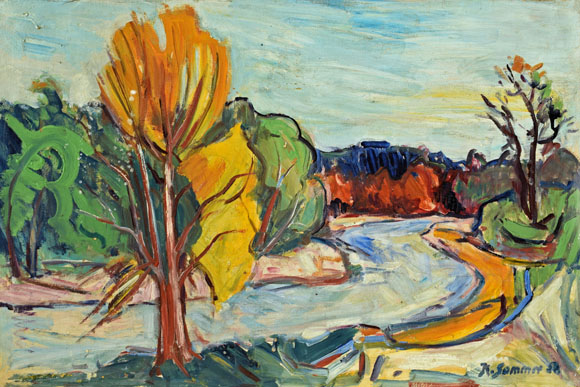 An der Isar, 1958, Öl auf Karton, 48,5 x 74,6 cm