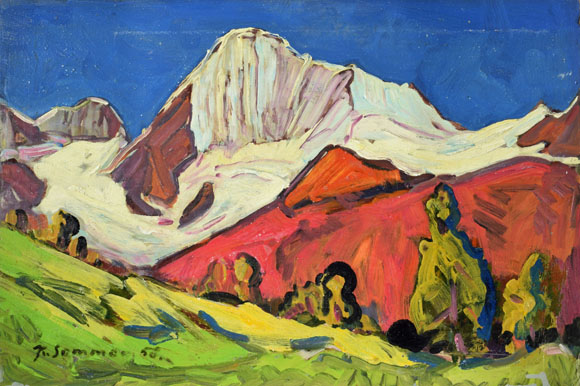 Jungfrau von Wengen aus, 1958, Öl auf Karton, 40,6 x 60,5 cm