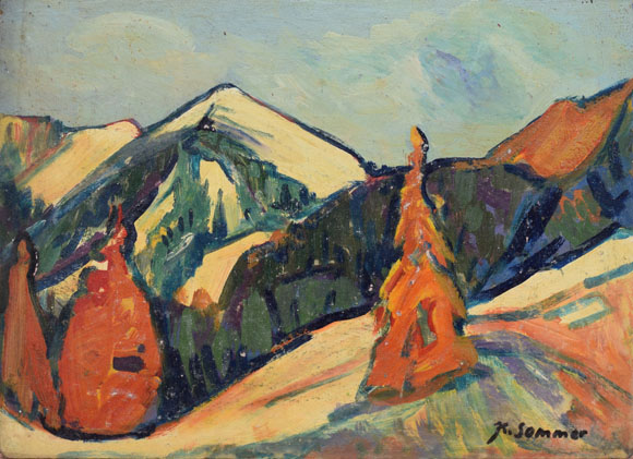 Ammergauer Alpen mit Notkarspitze, um 1958, Öl auf Karton, 36,8 x 49,5 cm, bez. u.r.: K. Sommer