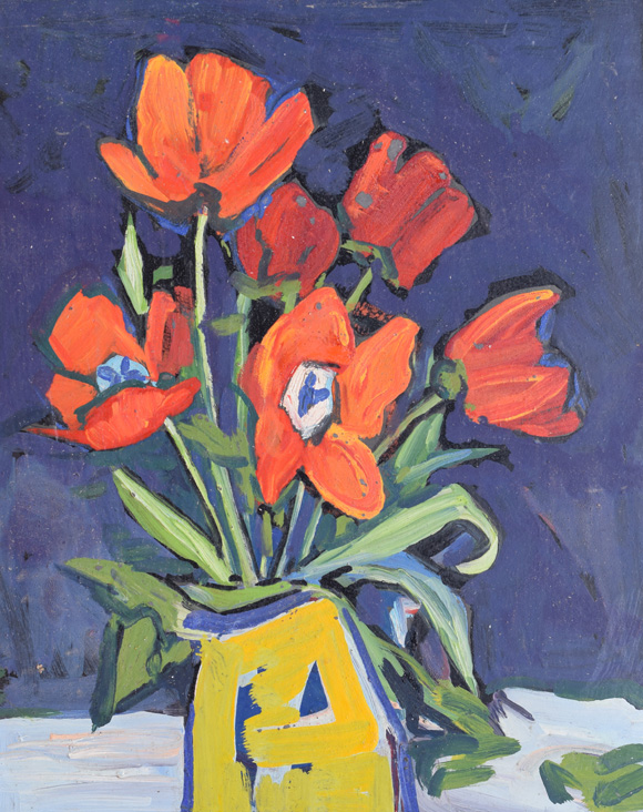  Tulpen in gelber Vase, um 1965, Öl auf Karton, 57,0 x 47,0 cm, Sammlung Renate von Ostrowski, Karlsruhe 