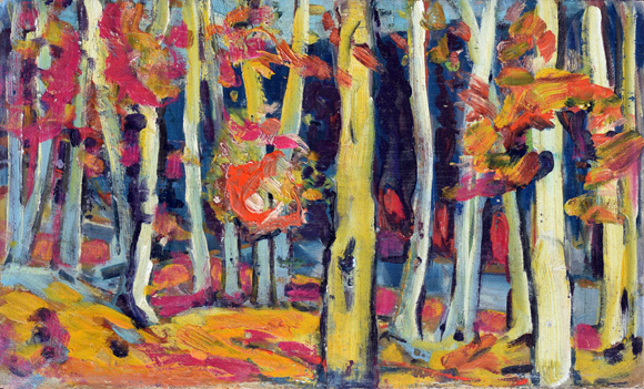  Bäume im Mühltal bei Starnberg, 1972, Öl auf Karton, 43,2 x 54,8 cm