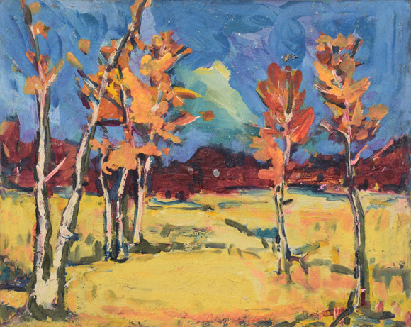  Bäume in einer Mooslandschaft, um 1973, Öl auf Hartfaser, 56,5 x 71,0 cm