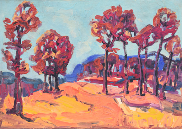 Bäume in bergiger Landschaft, um 1982, Öl auf Karton, 57,0 x 80,0 cm
