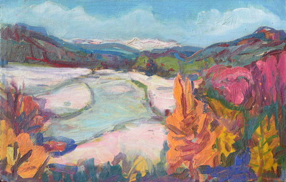 Isar mit weißen Kiesbänken, um 1982, Öl auf Karton, 39,6 x 60,5 cm