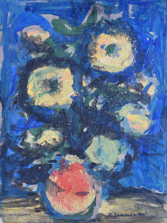 Chrysanthemen in roter Vase, 1986, Acryl auf Karton, 59,0 x 44,5 cm
bez. u.r.: K. Sommer 86