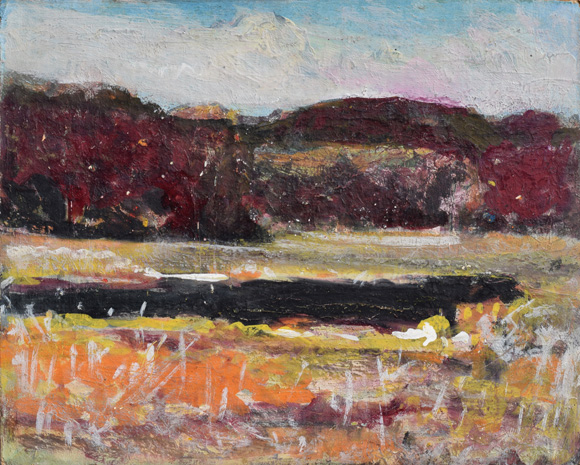  Moorsee mit Hügeln, um 1990, Öl/ Acryl auf Hartfaser, 56,8 x 71,0 cm 