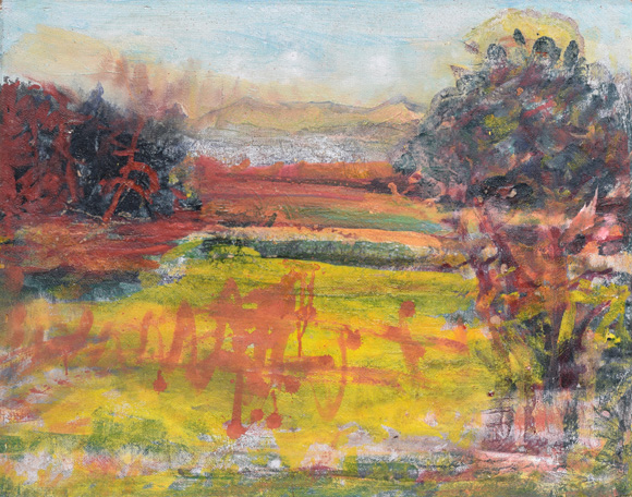  Wiese mit Blick auf Herzogstand und Heimgarten, um 1995, Acryl auf Hartfaser, 56,2 x 71,0 cm