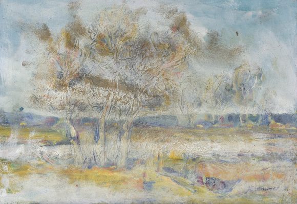  Konrad Sommer,  Bäume in flacher Landschaft, weiß übermalt, 1974-1996, Acryl, Öl auf Karton, 39,9 x 56,9 cm, 
						bez. u.r.: K. Sommer 74, Signatur und Datierung teilweise übermalt