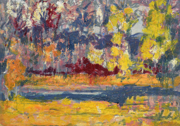 Bäume an einem Gewässer, um 1995, Öl, Mischtechnik auf Hartfaser, 56,7 x 79,5 cm 